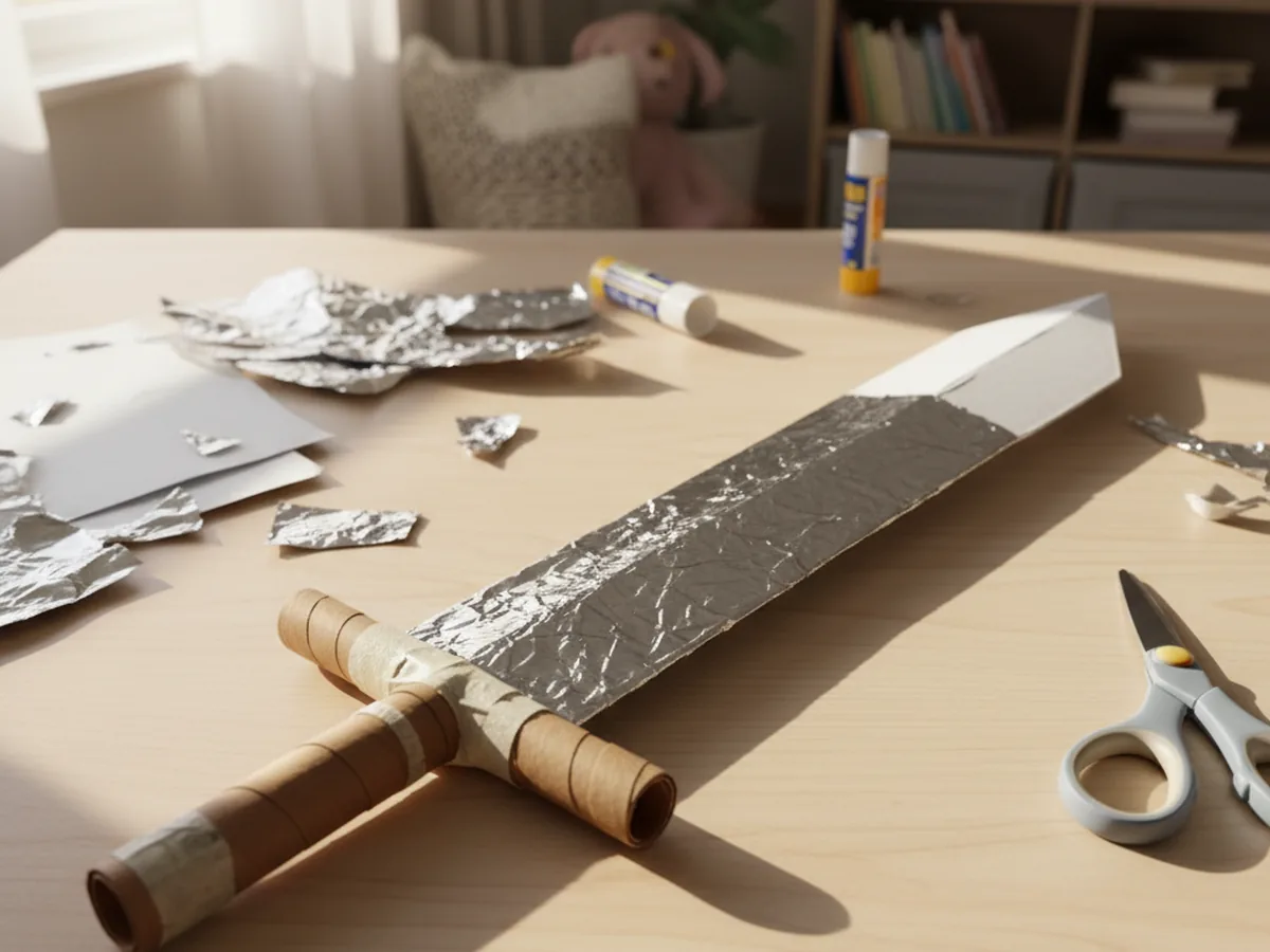 A handmade rolled paper sword wrapped in silver paper with a paper crossguard handle resting on a craft table