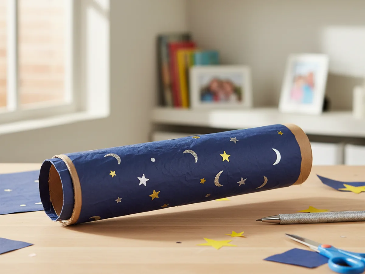 A handmade paper telescope wrapped in dark blue paper with small star stickers and a paper eyepiece ring on a craft table