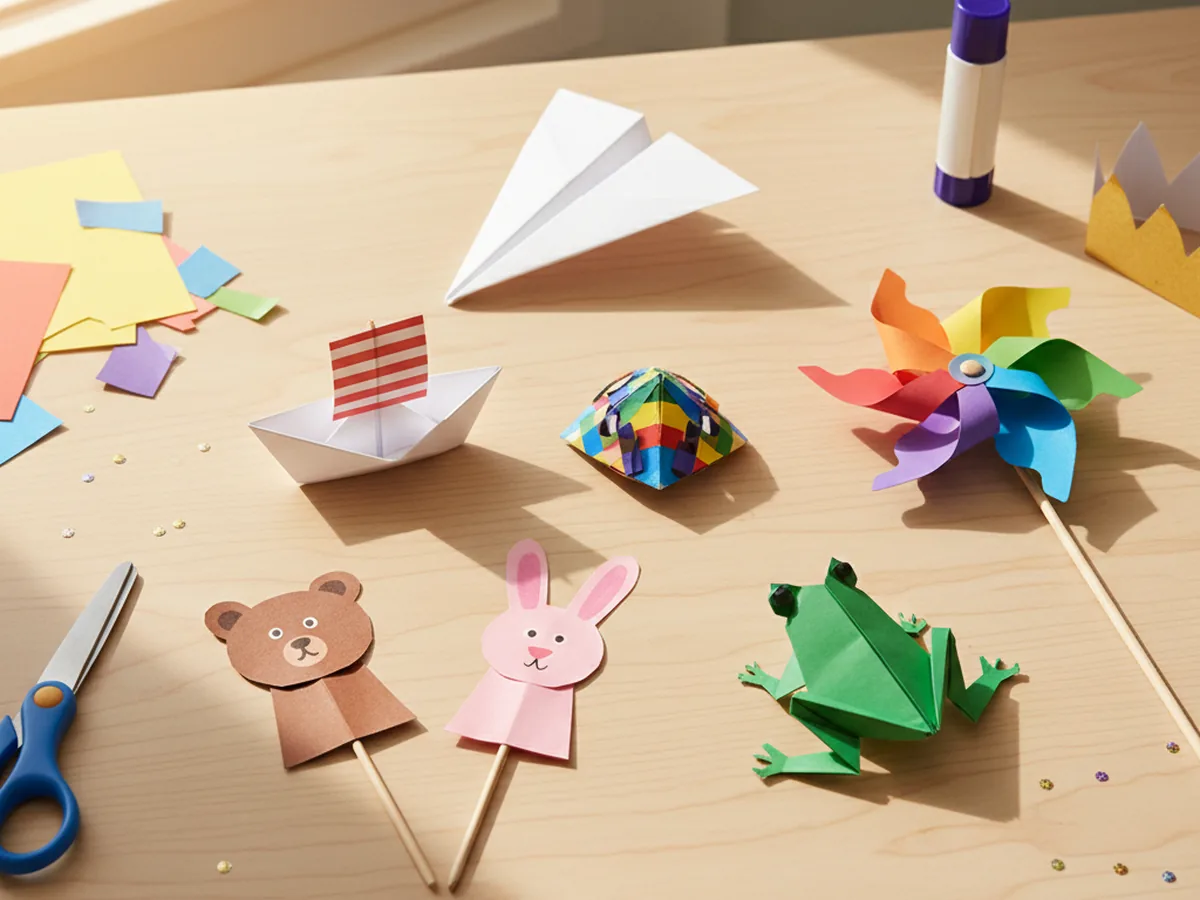 A colorful spread of handmade paper toys including airplanes, boats, finger puppets, fortune tellers, and pinwheels on a bright craft table