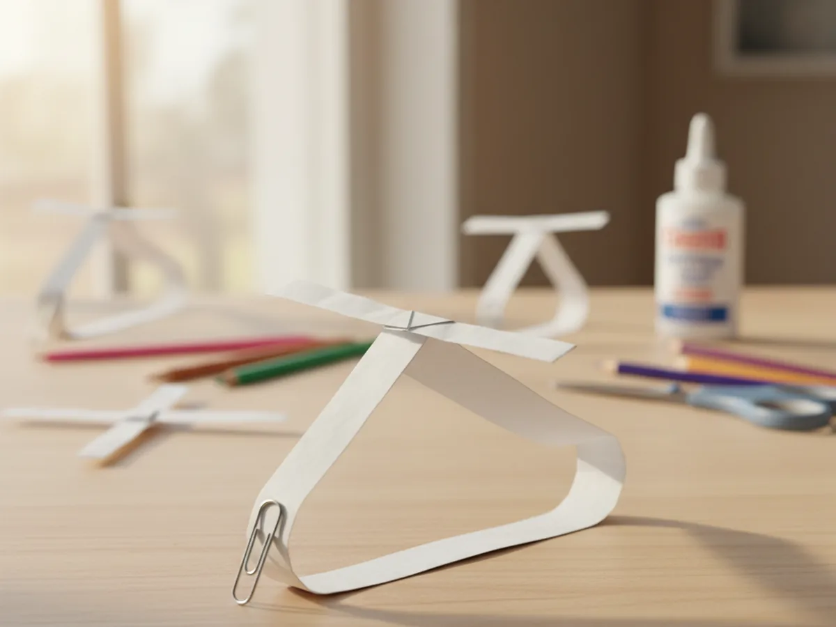 A paper whirligig helicopter with two folded paper blades and a paper clip weight resting on a craft table