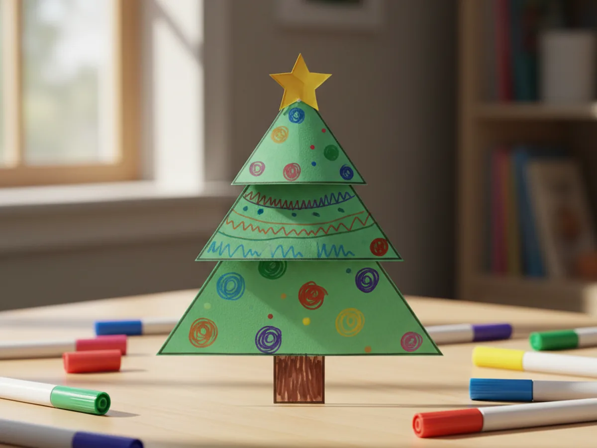 Finished paper tree craft with a small yellow star glued to the top and colorful marker decorations on the green layers