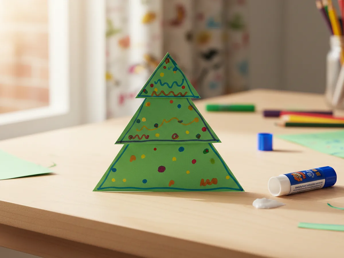 Three decorated green paper triangles stacked and glued together in a layered tree shape on a craft table