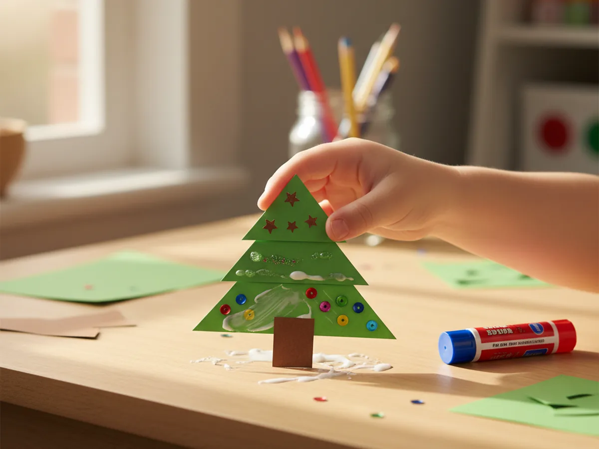 Brown paper trunk being glued to the bottom of the assembled green layered paper tree on a white craft table