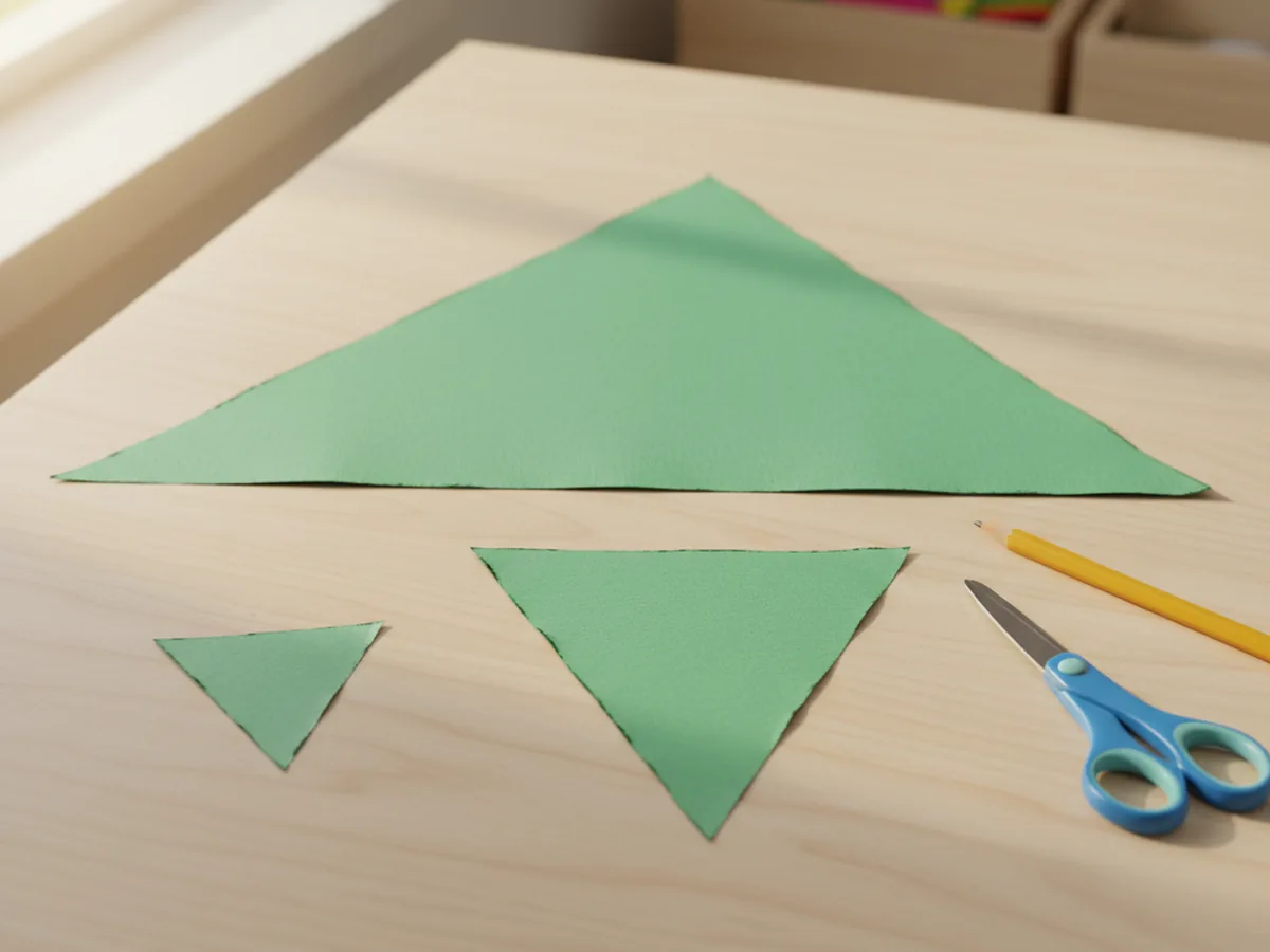 Three green construction paper triangles of different sizes cut out on a white craft table, ready to be assembled into a paper tree