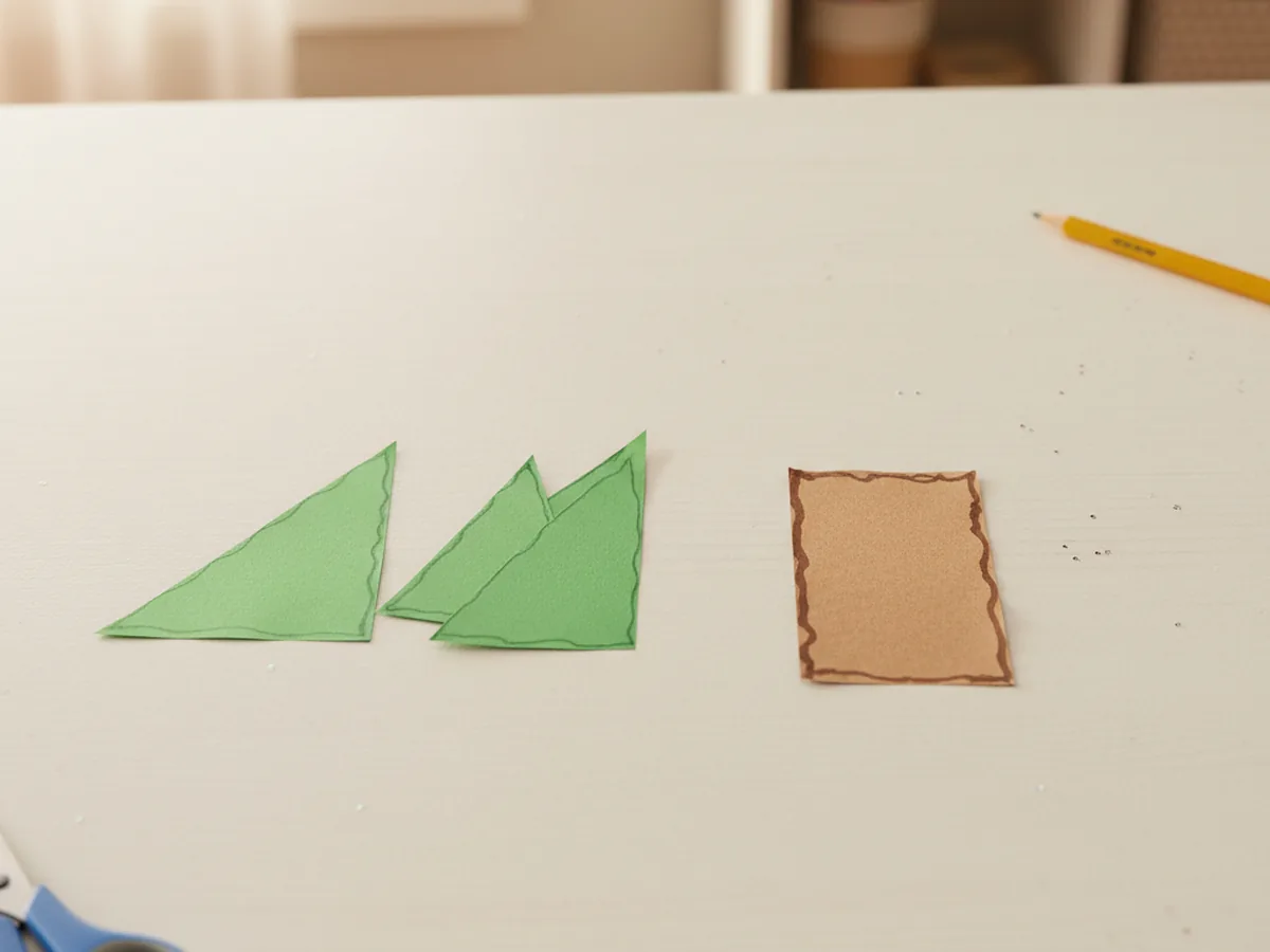 A brown construction paper rectangle cut out as a tree trunk, placed next to the three green triangle layers on a craft table