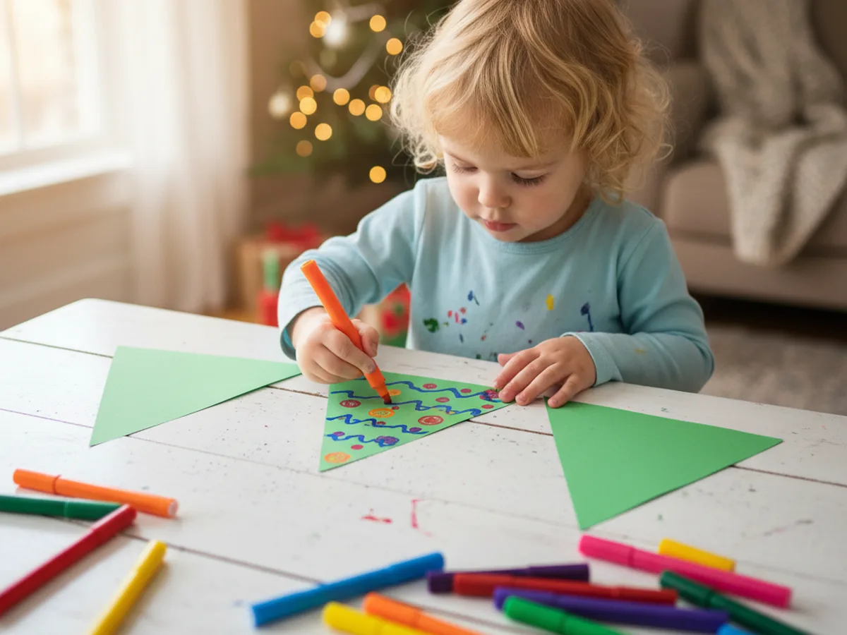 A child decorating green triangle paper layers with colorful washable markers, adding dots and swirls to create ornament patterns