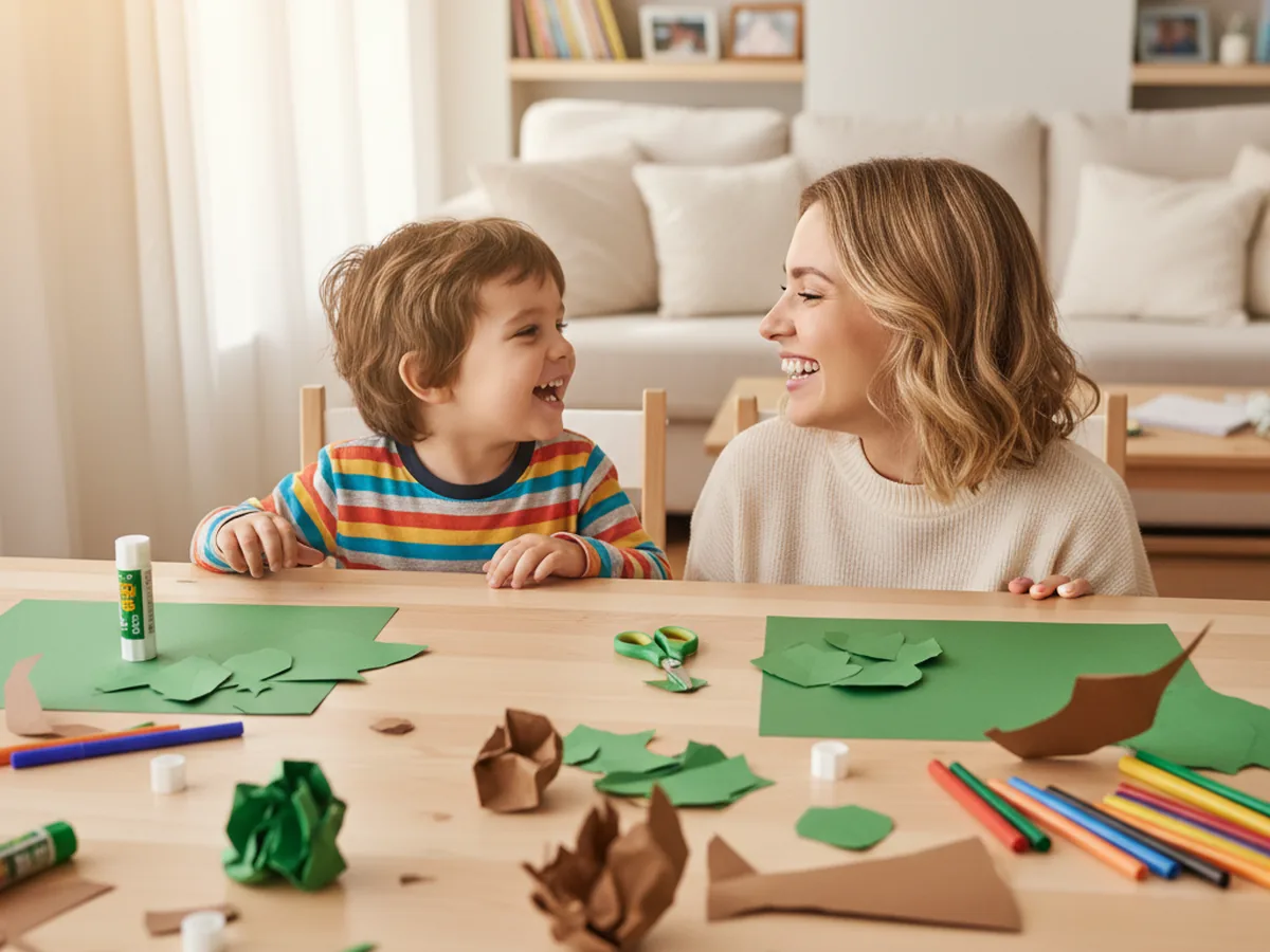 A mom and young child sitting at a craft table together, smiling and ready to start the paper tree craft