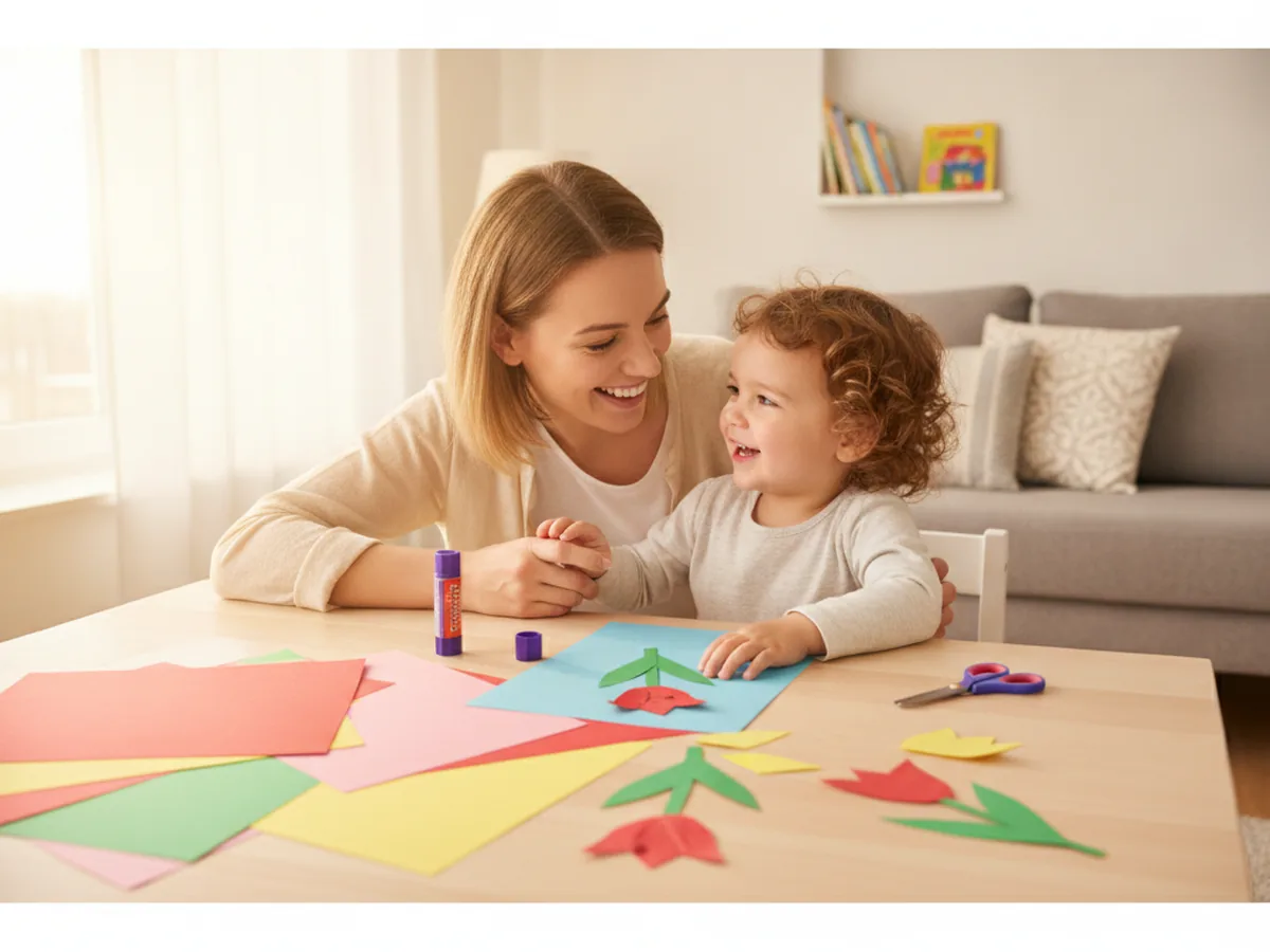 A mom and young child sitting at a craft table getting ready to make a paper tulip craft with colorful construction paper