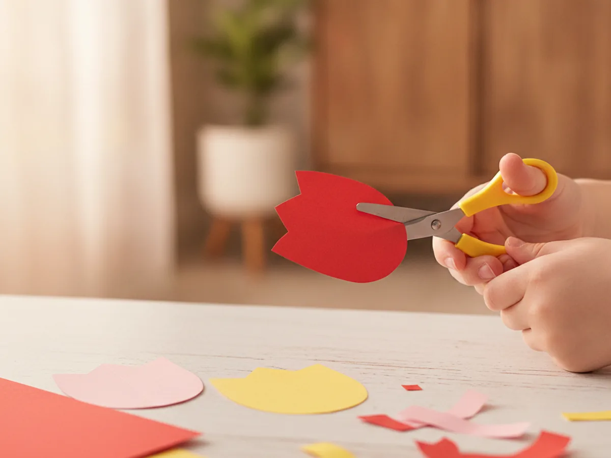 A child cutting a red tulip bloom shape from construction paper with pink and yellow paper tulips already cut nearby