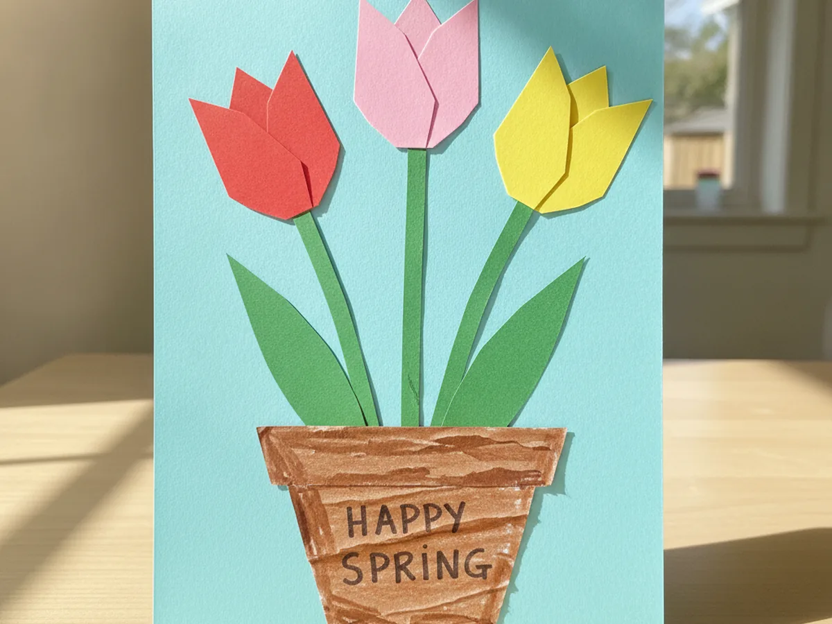 Finished paper tulip craft with red, pink, and yellow tulips, green leaves, and a brown pot on light blue paper