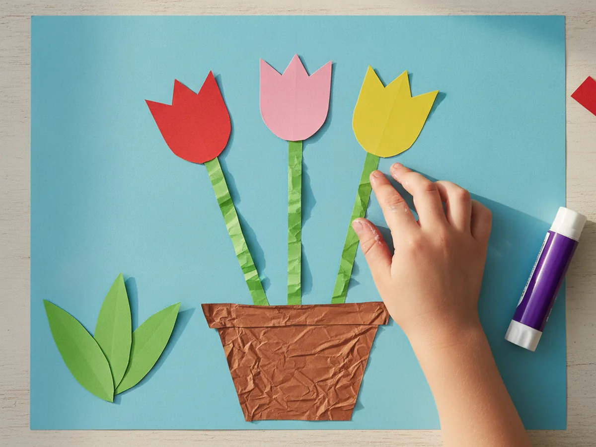 Red, pink, and yellow paper tulip blooms glued to the tops of green stems rising from a brown paper pot
