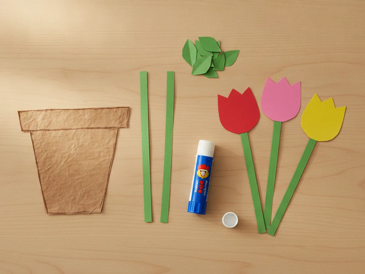 A brown paper flower pot shape cut out next to green stems, leaves, and three colorful paper tulip blooms