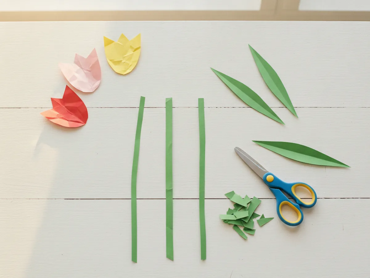 Three green paper tulip stems and several long pointed green leaves cut and laid out on a craft table
