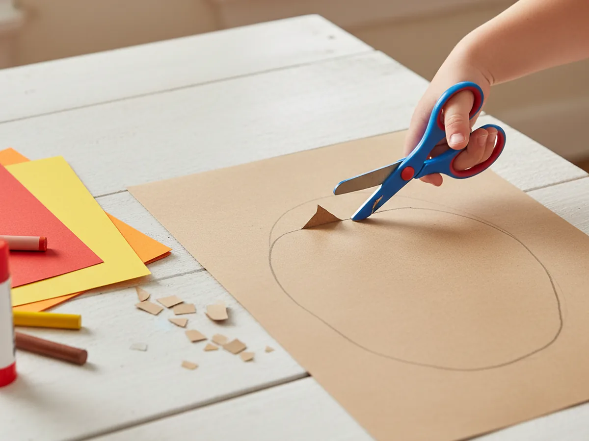 A child's hand cutting out a brown oval turkey body shape from construction paper with safety scissors