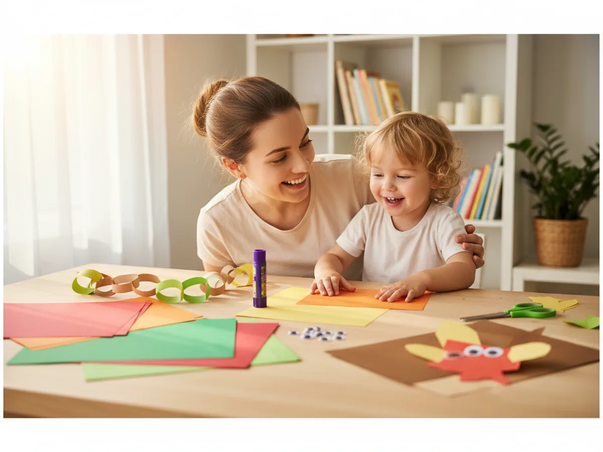 A mom and young child sitting at a craft table smiling, excited to start making a paper turkey craft together