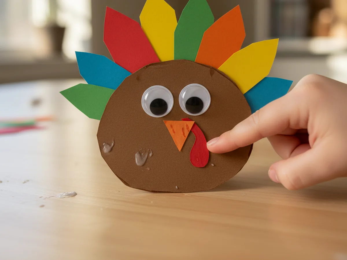 Close-up of a paper turkey face with googly eyes, an orange triangle beak, and a red wattle being glued on
