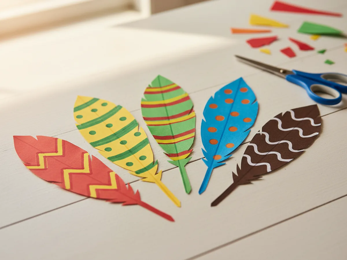 Colorful teardrop feather shapes cut from red, orange, yellow, and green construction paper arranged on a craft table