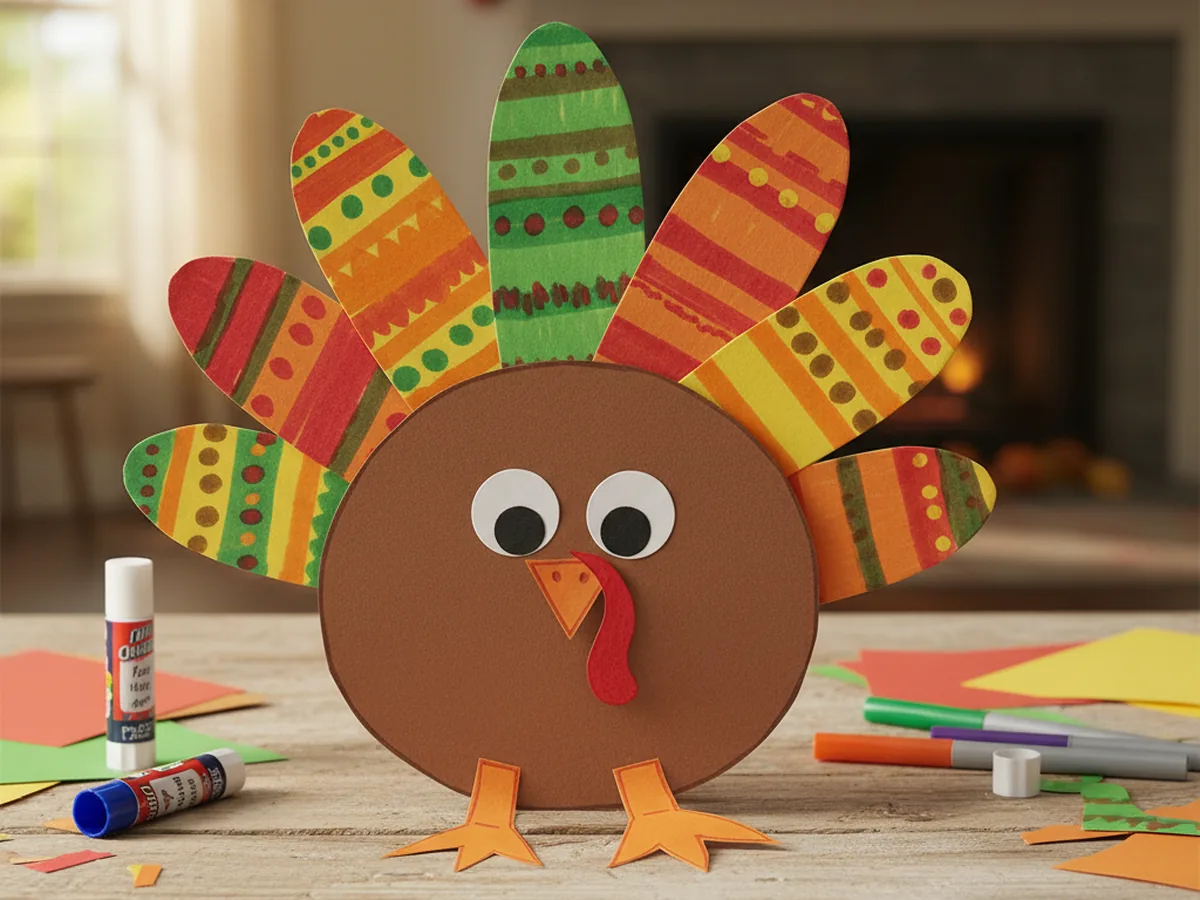 Completed paper turkey craft with colorful feathers, googly eyes, orange beak, red wattle, and orange paper feet