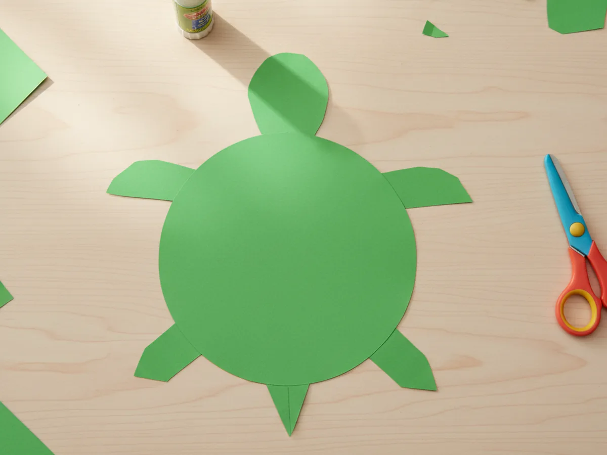 The green paper turtle shell flipped right side up with the head, four legs, and tail glued behind it and peeking out around the edges, sitting flat on a craft table