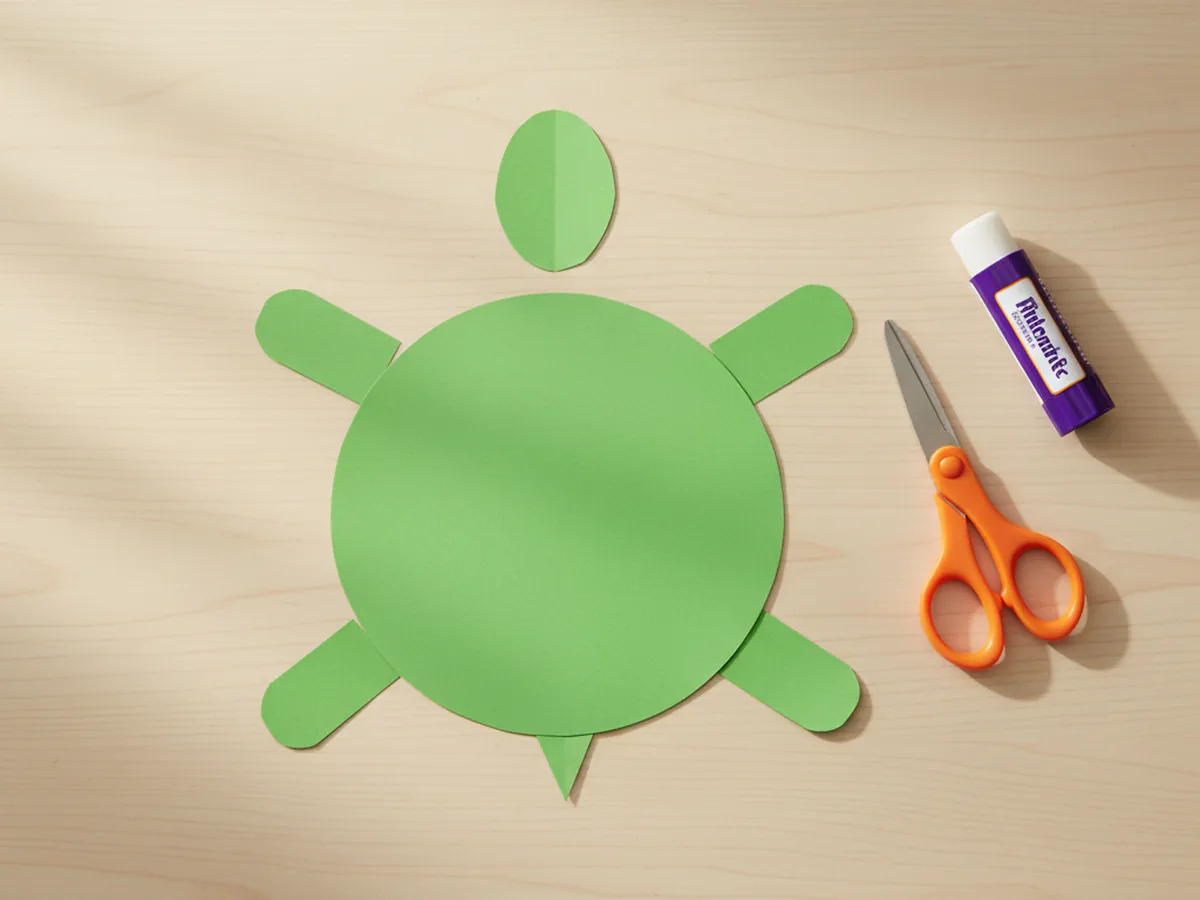 A green construction paper circle for the shell with a small green oval head, four short rectangular legs, and a tiny triangular tail laid out around it on a craft table for the paper turtle craft