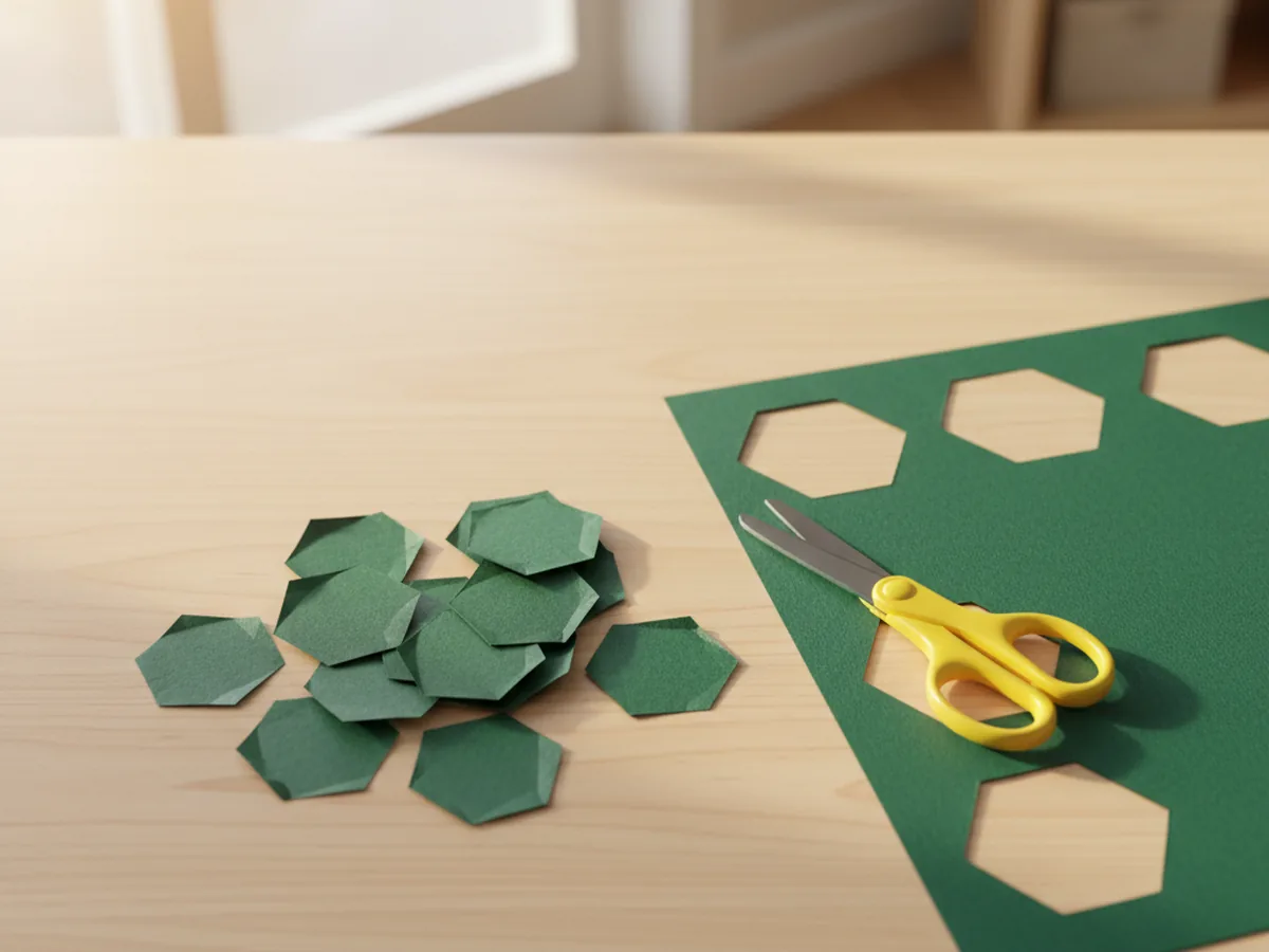 A small pile of dark green paper hexagon shapes cut for the shell pattern of the paper turtle craft, scattered on a white craft table next to scissors