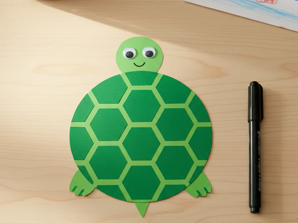 The paper turtle craft now with two googly eyes stuck onto the green head and a small black marker smile drawn underneath, looking cheerful and friendly on a craft table