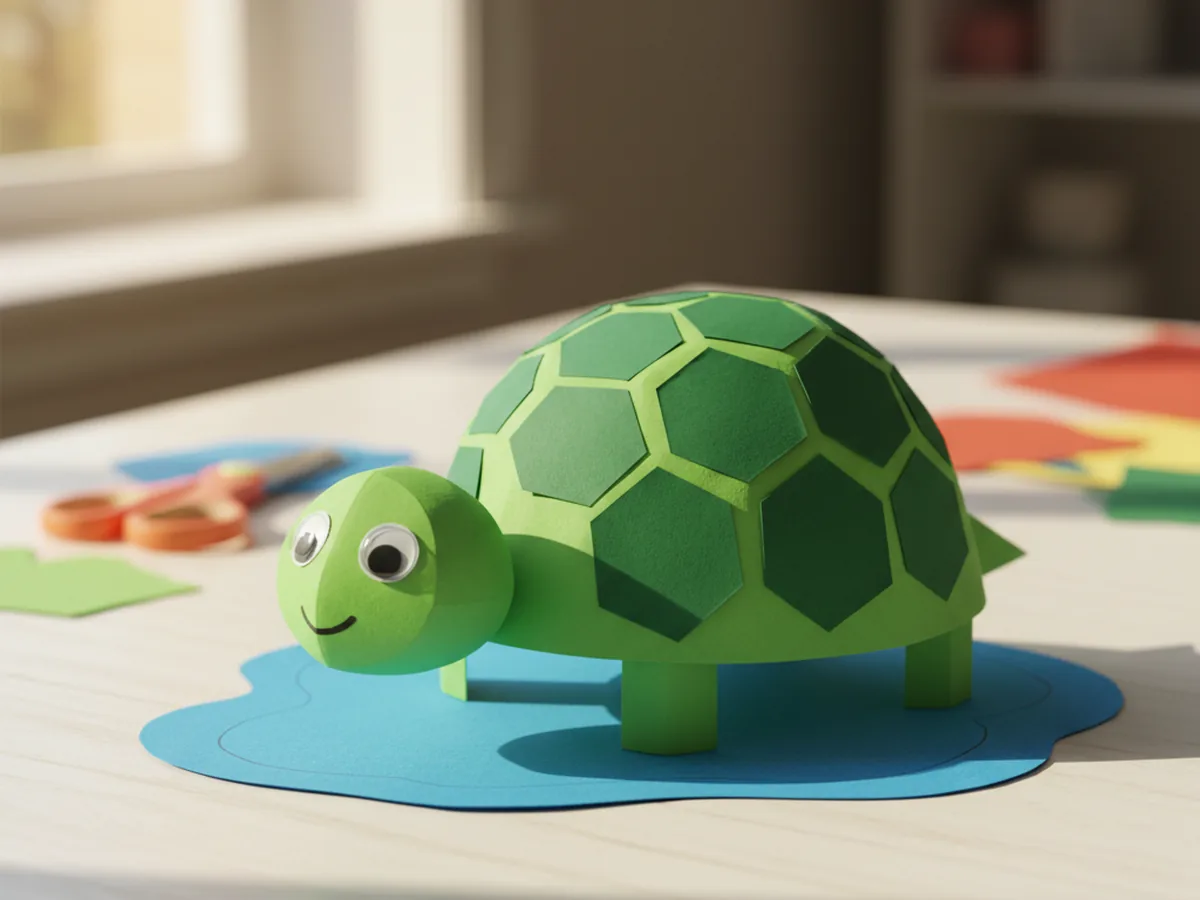 The finished paper turtle craft displayed on a craft table, complete with a hexagon-spotted green shell, head with googly eyes and smile, four legs, and a small tail