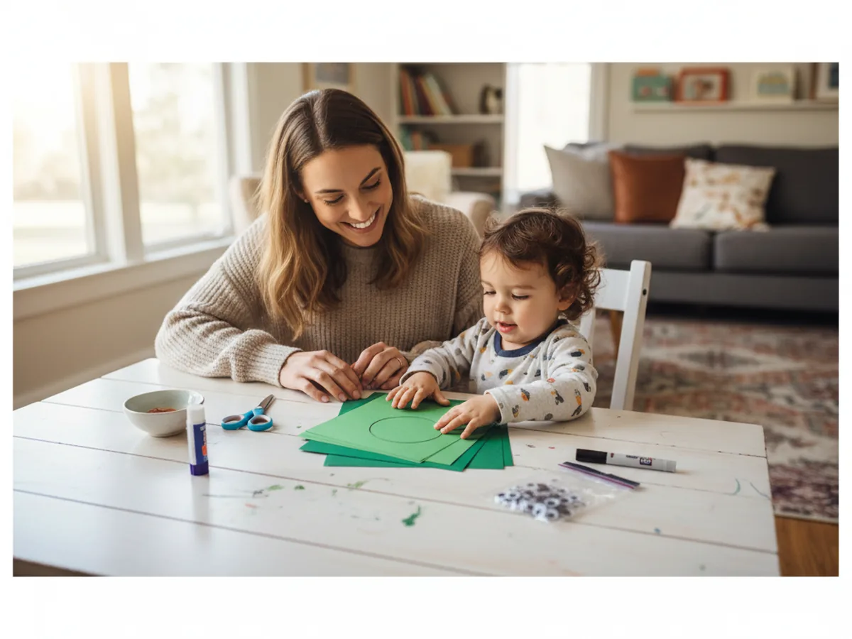 A mom and a young child sitting at a craft table with green construction paper, scissors, googly eyes, and a glue stick getting ready to make a paper turtle craft together