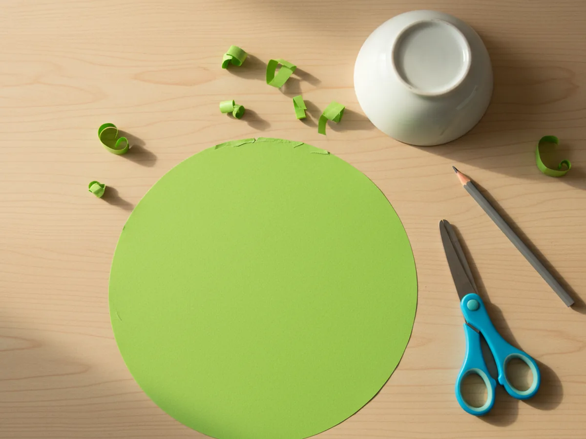 A large bright green construction paper circle freshly cut out for the paper turtle craft shell, sitting on a white craft table next to scissors and a small bowl used for tracing