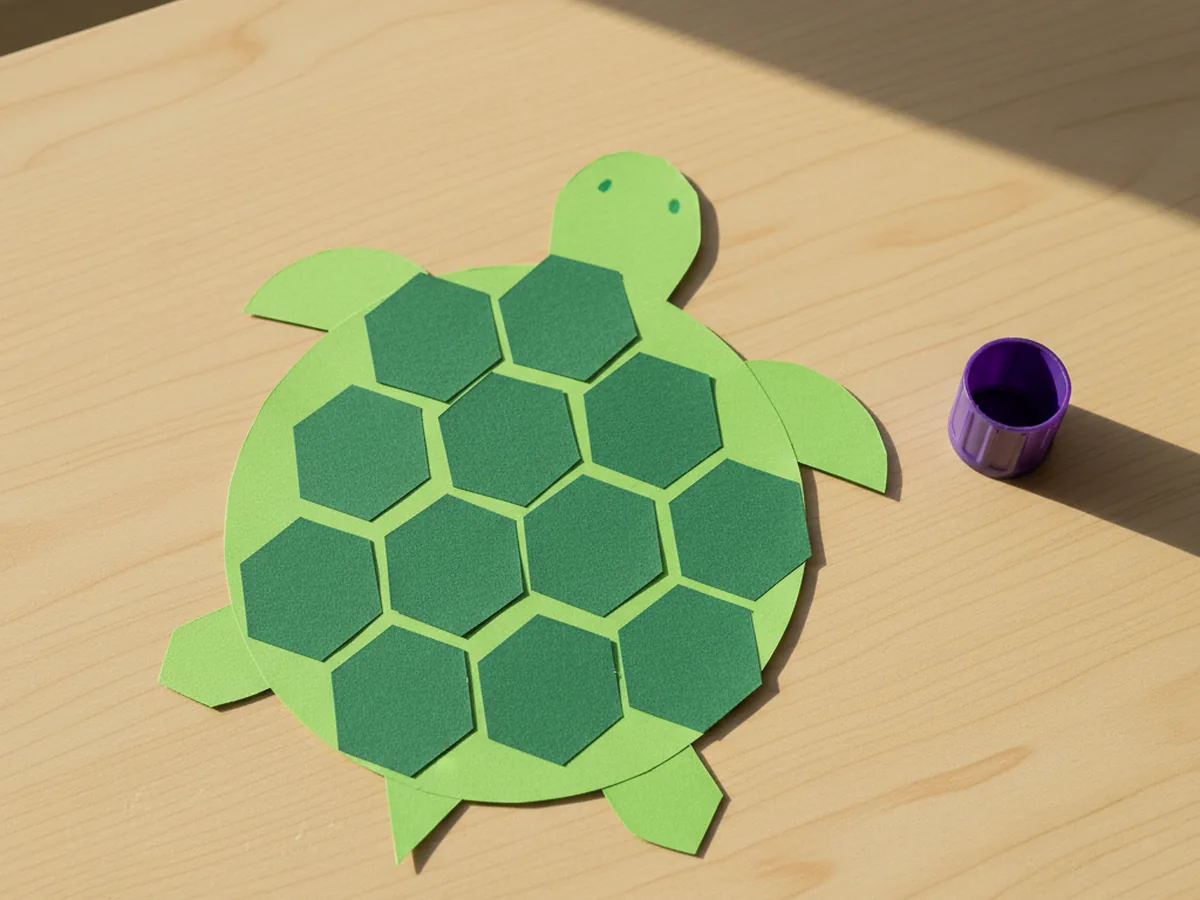 The bright green paper turtle shell now decorated with about ten dark green hexagon spots glued in a honeycomb pattern across the shell on a craft table