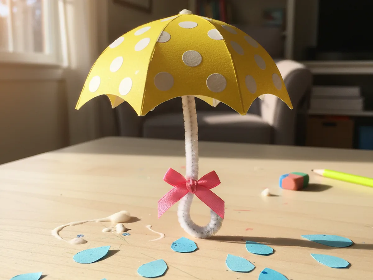 A finished paper umbrella craft standing on a craft table with a small pink ribbon bow tied around the base of the white pipe cleaner handle, and small blue paper raindrops scattered nearby