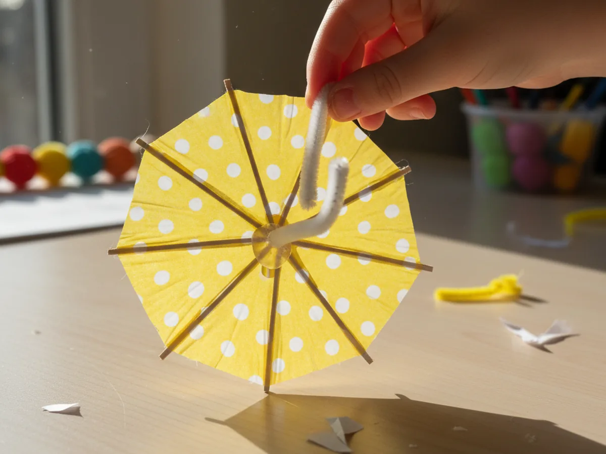 A finished yellow polka dot paper umbrella canopy upside down on a craft table while a child bends a white pipe cleaner into a J-shaped umbrella handle