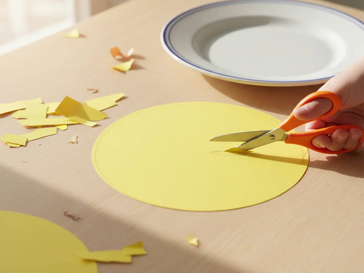 A child's hand cutting a large yellow cardstock circle on a wooden craft table, with a dinner plate used as a tracing guide nearby
