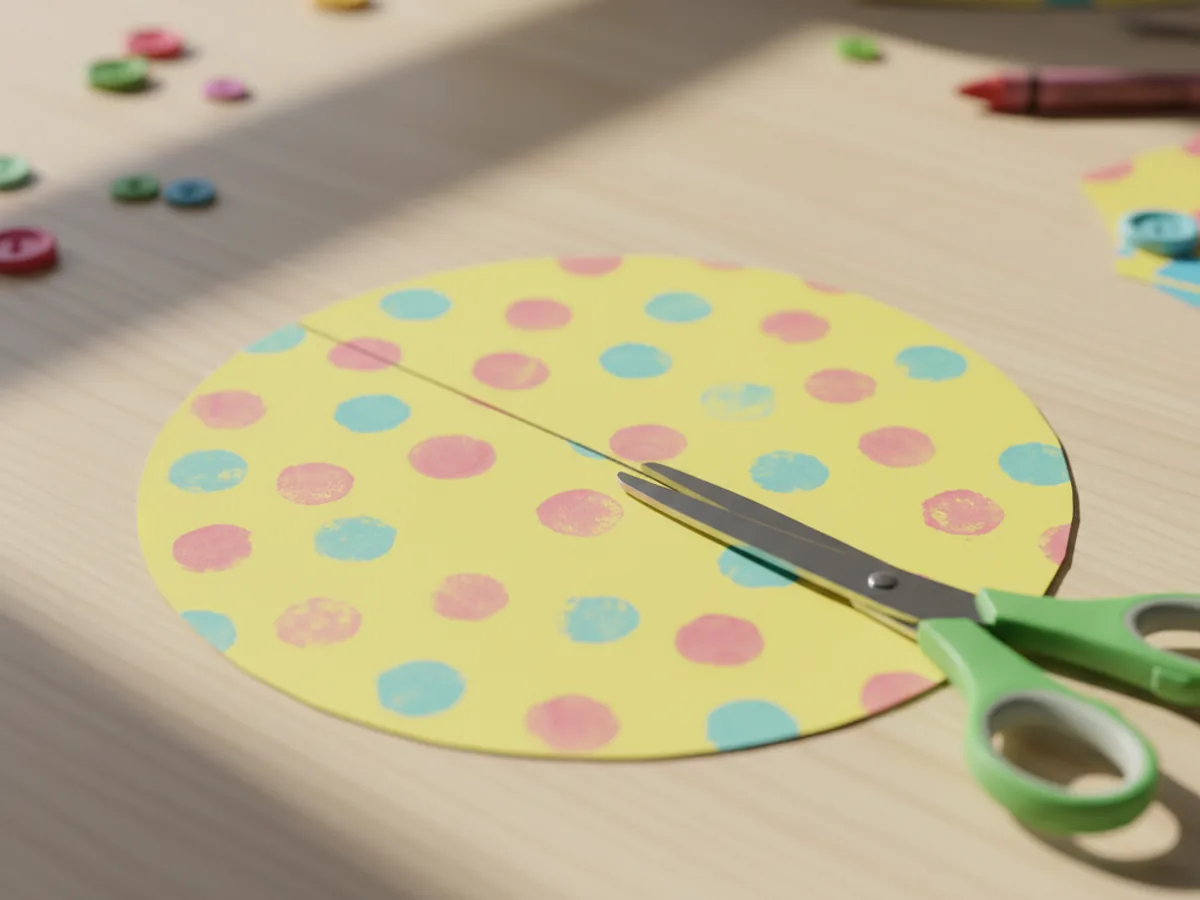 A yellow polka dot cardstock circle with a single straight cut made from the outer edge to the center, with child-safe scissors resting beside it on a craft table