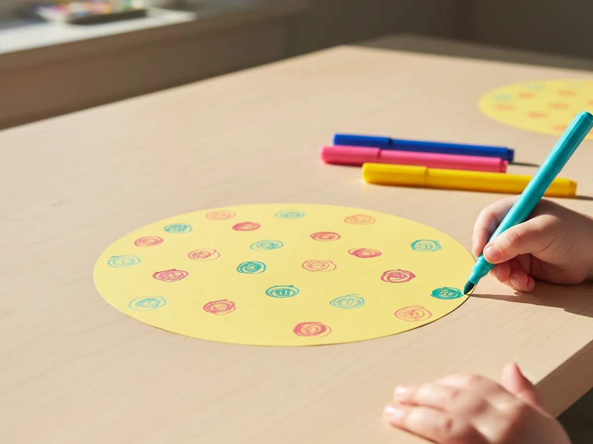 A yellow cardstock circle decorated with hand-drawn pink and turquoise polka dots laid flat on a craft table while a small hand adds more dots with a marker