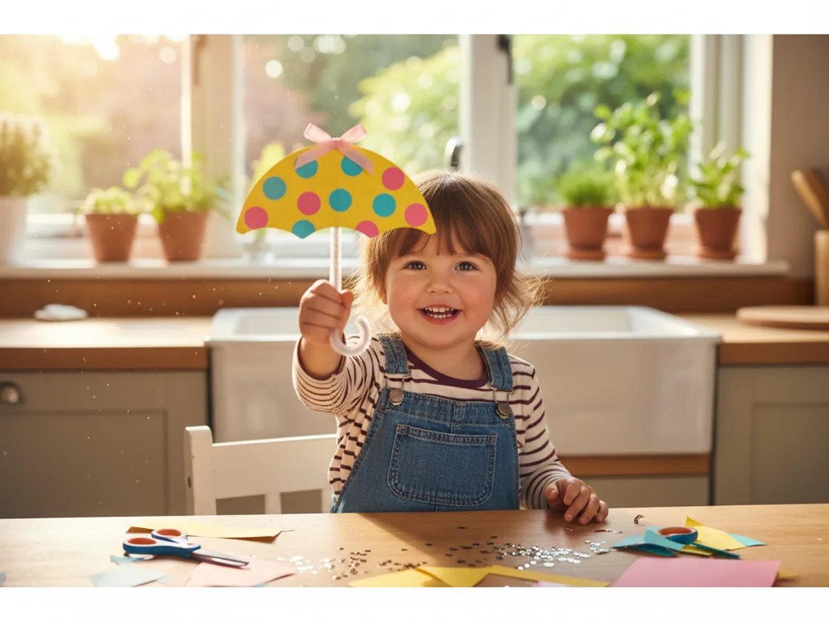 A small child smiling proudly while holding up a finished handmade paper umbrella craft with a yellow polka dot canopy, a curved white pipe cleaner handle, and a small pink ribbon bow