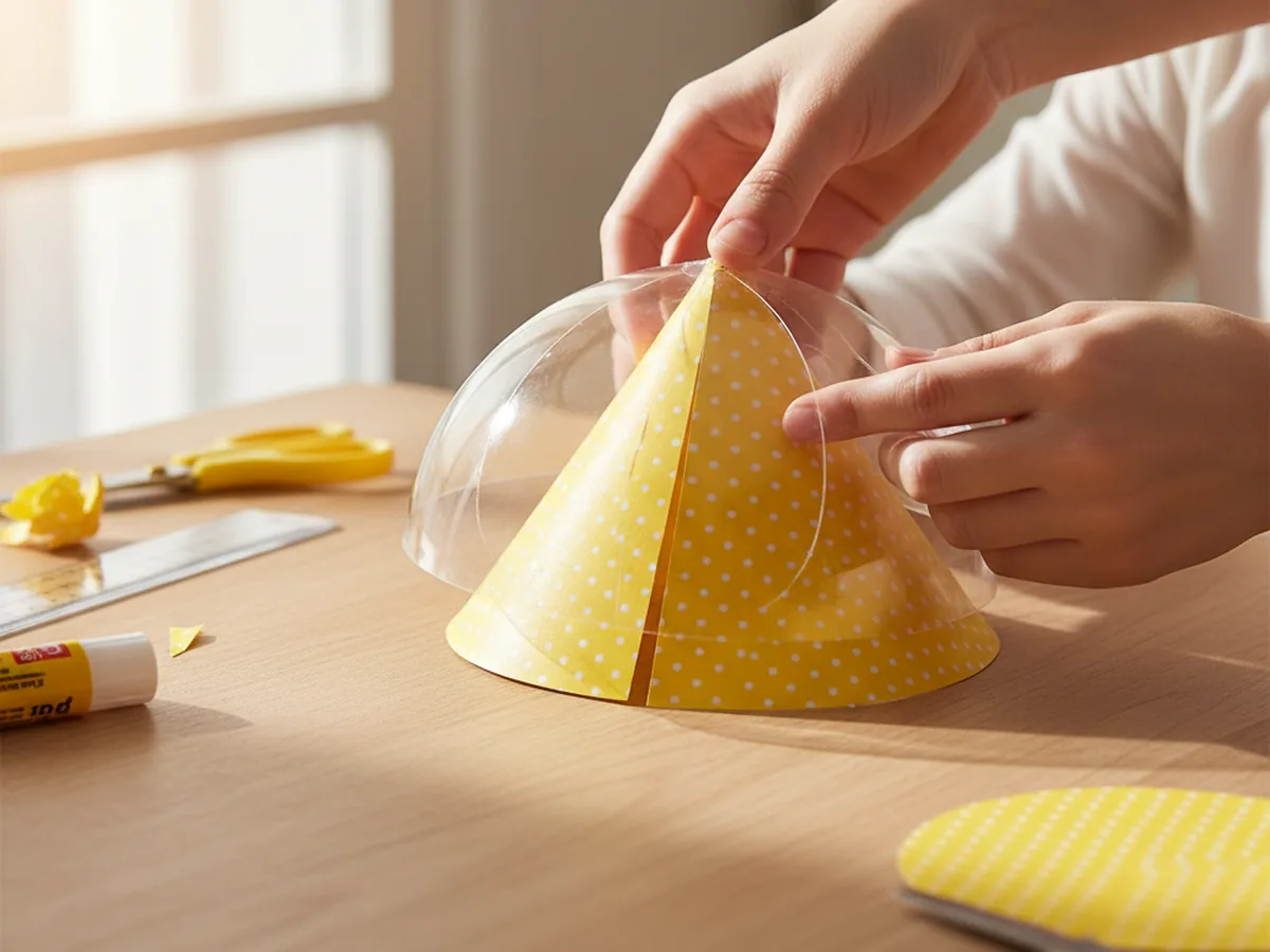 A yellow polka dot cardstock circle being shaped into a shallow umbrella canopy by overlapping the two cut edges by about two inches