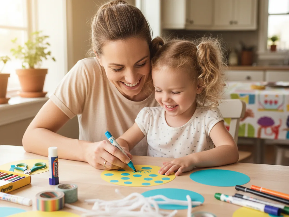 A mom and young child sitting together at a craft table, smiling and starting a paper umbrella craft together with bright cardstock circles, scissors, markers, and a white pipe cleaner