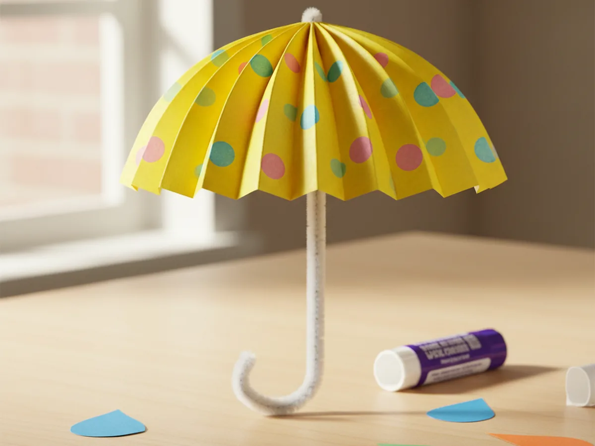 Finished paper umbrella craft made from a yellow polka dot cardstock canopy with a curved white pipe cleaner handle, sitting on a light wood craft table with paper raindrop cutouts nearby