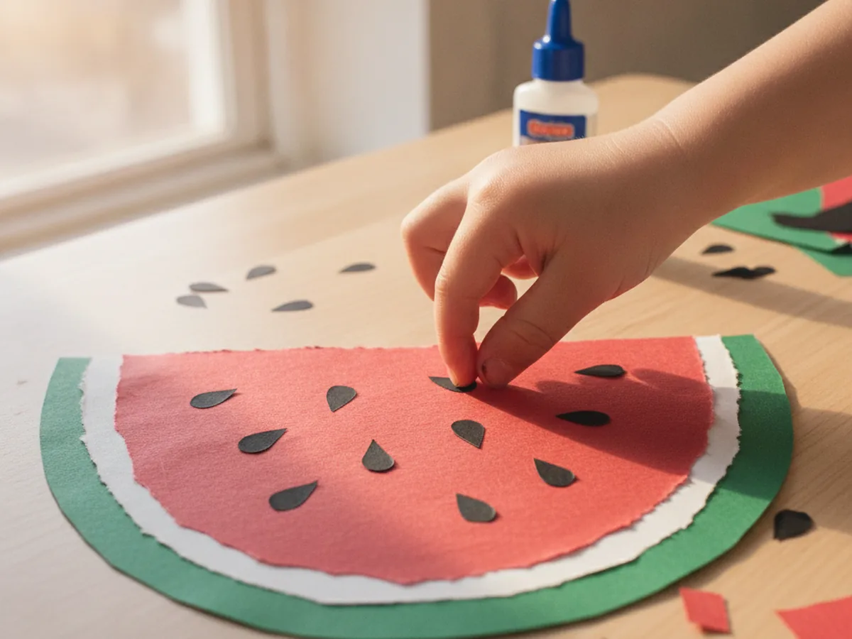 Small black paper teardrop seeds being added across the red fruit of a paper watermelon craft slice