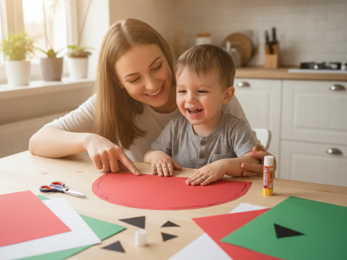 A mom and young child sitting at a craft table getting ready to make a paper watermelon craft with red, green, and black construction paper