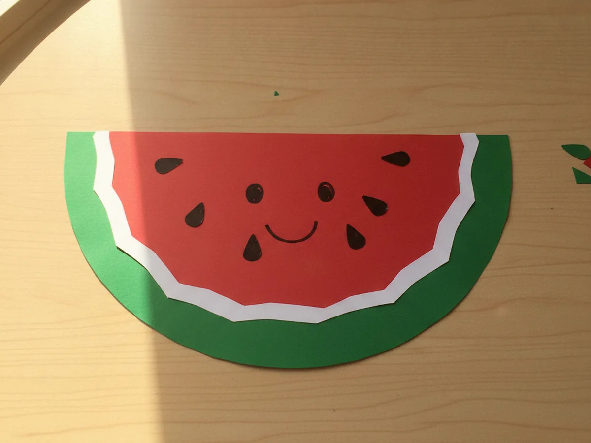 Finished paper watermelon craft slice with red fruit, white inner rind, green rind, and black paper seeds on a white craft table