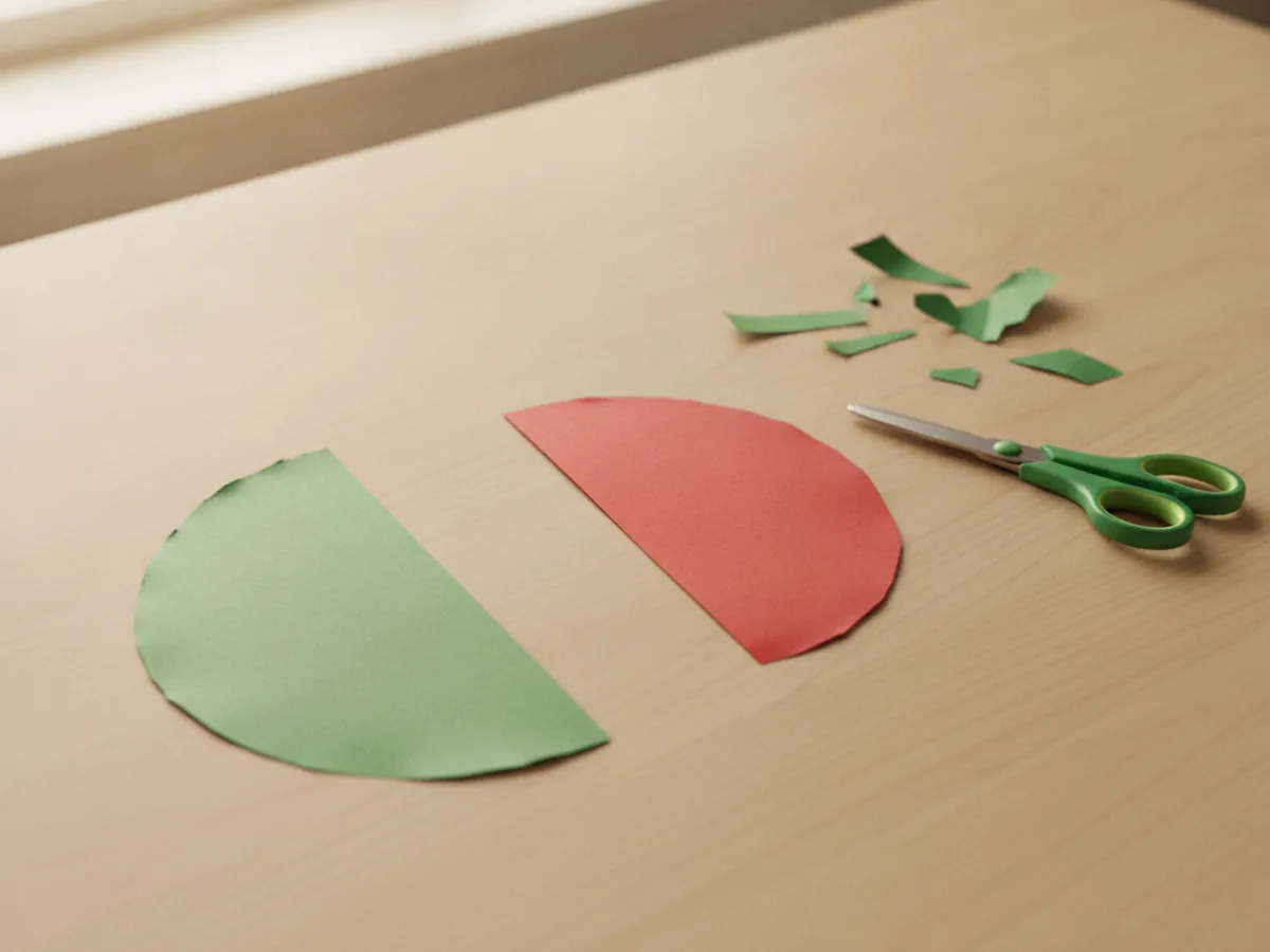 A green paper half-circle cut slightly larger than the red fruit shape for a paper watermelon craft, laid on a craft table