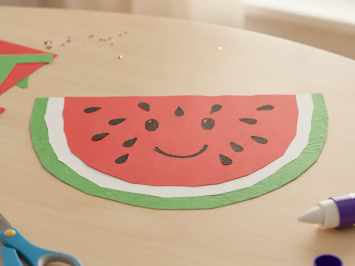 Finished paper watermelon craft slice with red fruit, white and green rind, black seeds, and a cute smiling marker face