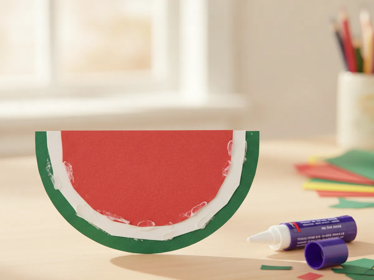 Green rind, white strip, and red fruit paper layers glued together to form a finished paper watermelon slice shape