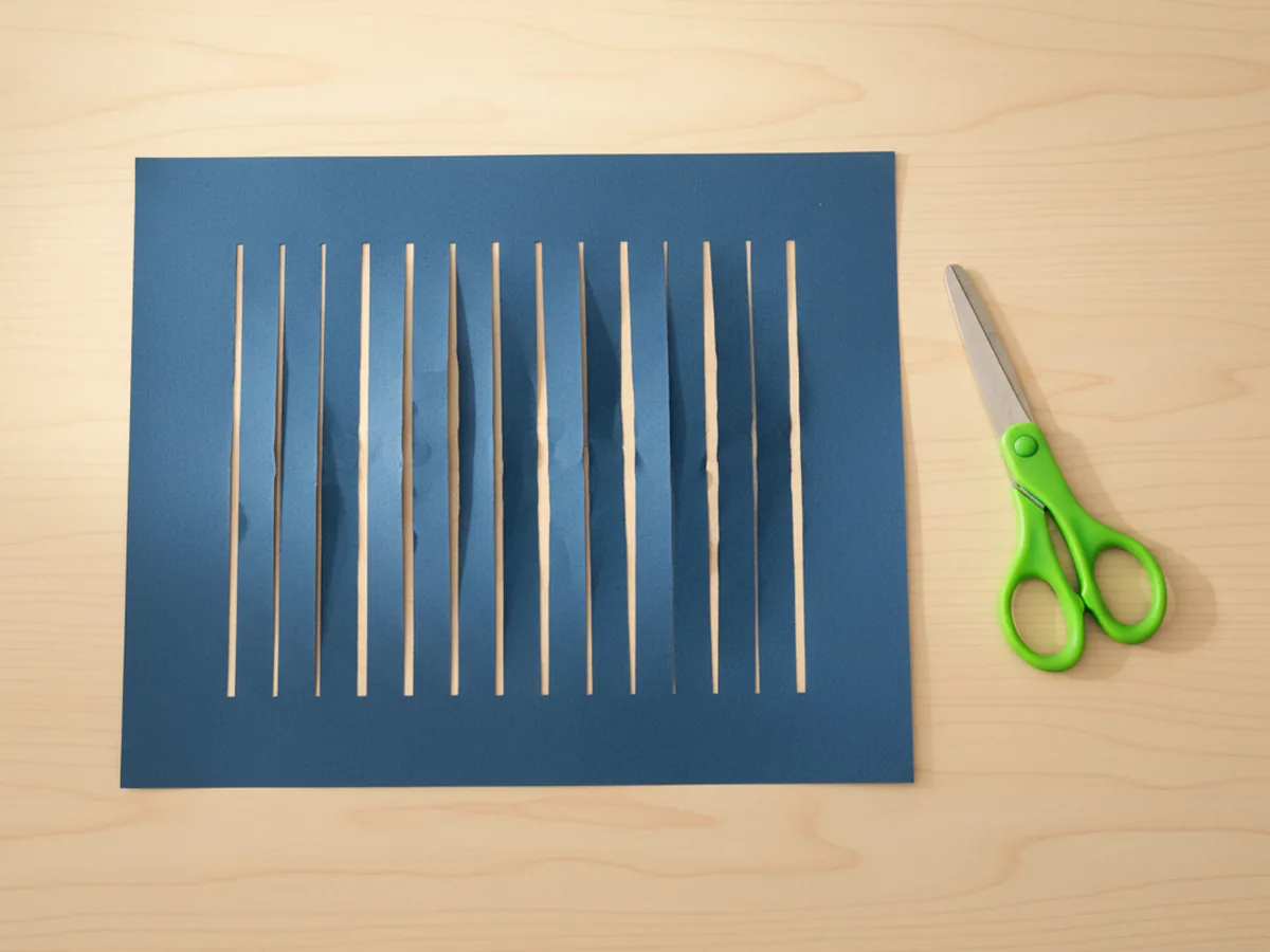 An unfolded dark blue construction paper loom flat on a craft table showing a row of evenly spaced vertical slits framed by solid paper on the top and bottom for the paper weave craft