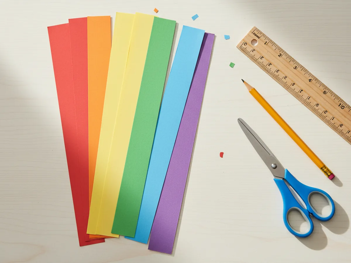 Stacks of long one-inch-wide colorful construction paper strips in red, orange, yellow, green, blue, and purple cut and arranged on a craft table for the paper weave craft