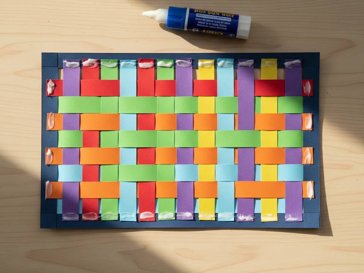 A finished paper weave craft mat with rainbow strips woven into a dark blue construction paper loom, edges glued and trimmed, displayed on a craft table
