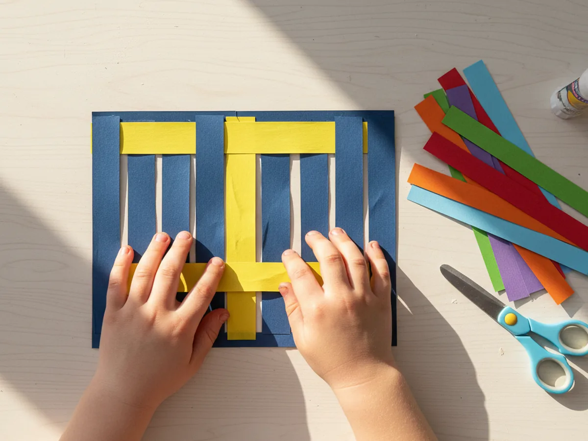 A child's hands threading a yellow construction paper strip through the slits of a dark blue paper loom in an over and under pattern for the paper weave craft