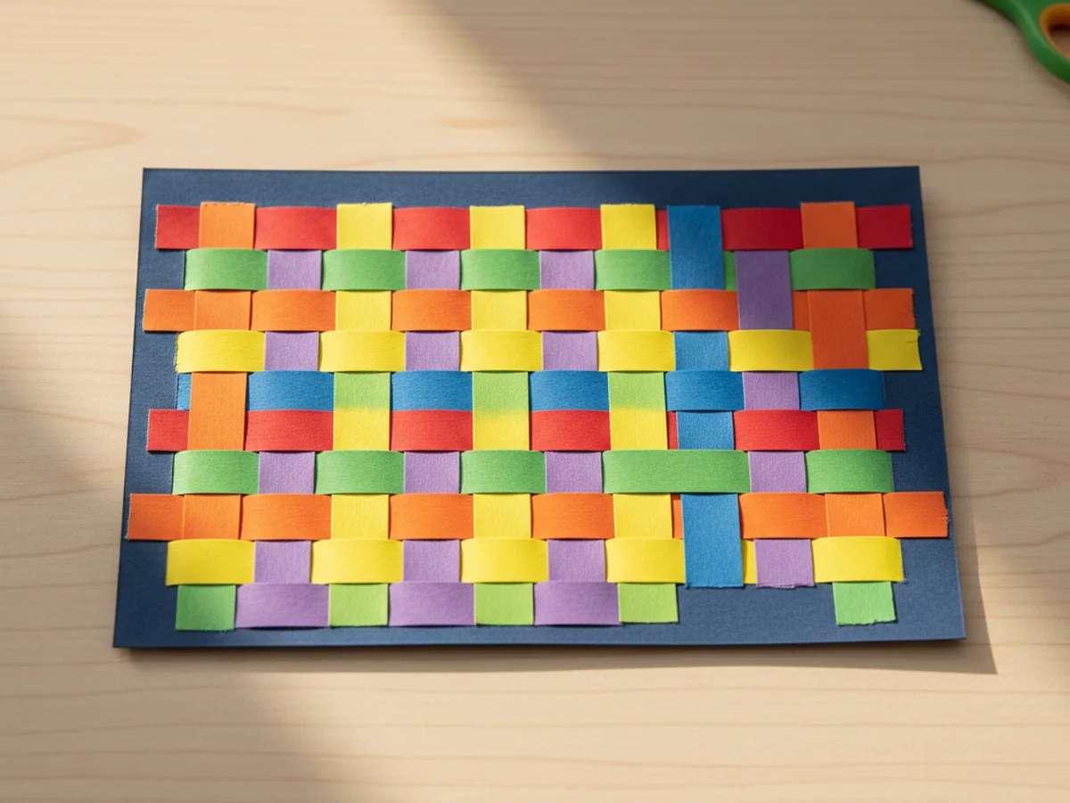 A dark blue paper loom fully woven with rainbow strips of red, orange, yellow, green, blue, and purple construction paper in an over and under pattern on a craft table